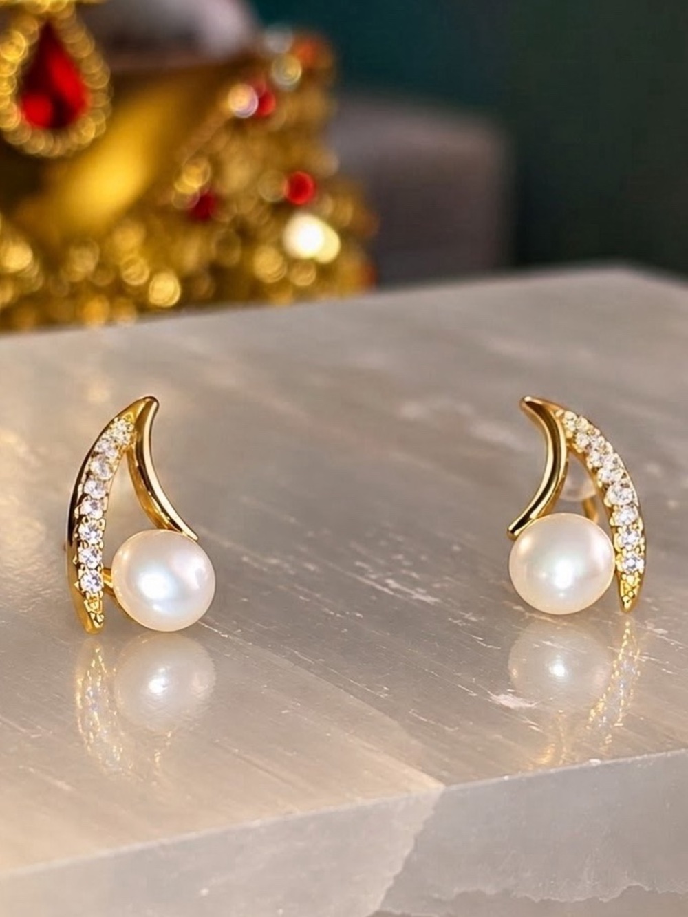 18K Gold Plated Horn Pearl CZ Earrings | Halloween Witchy Gothic Jewelry